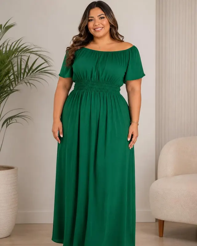 Vestido longo verde ombro a ombro