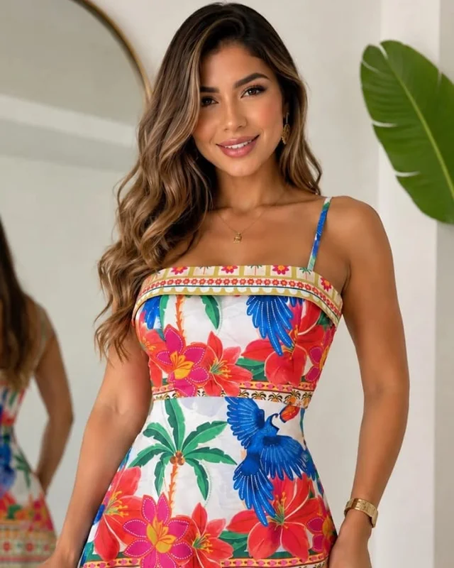 Vestido curto de alça estampado tropical